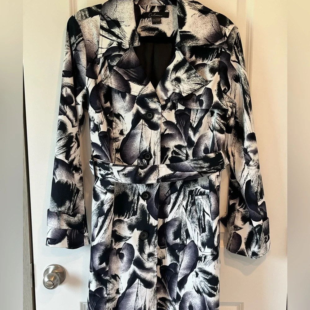 Calessa Women's Large Floral Black White Trench Coat Long Jacket - Picture 4 of 5